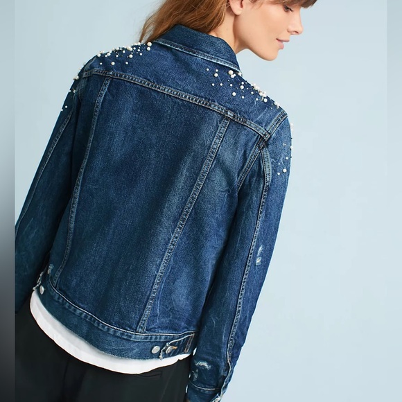 NWT Anthropologie Donovan Pearled Denim Trucker Button Down Jacket Distressed Sm - Picture 3 of 15